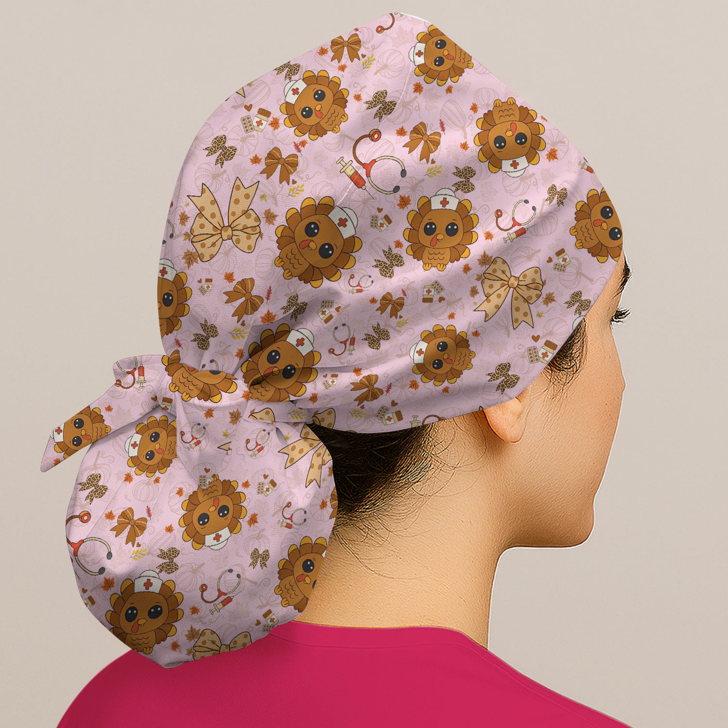 Thanksgiving Bouffant Scrub Caps for Women - Fall Leaves and Bow Holiday Nursing Gift - Breathable Fabrics Caps Uniform