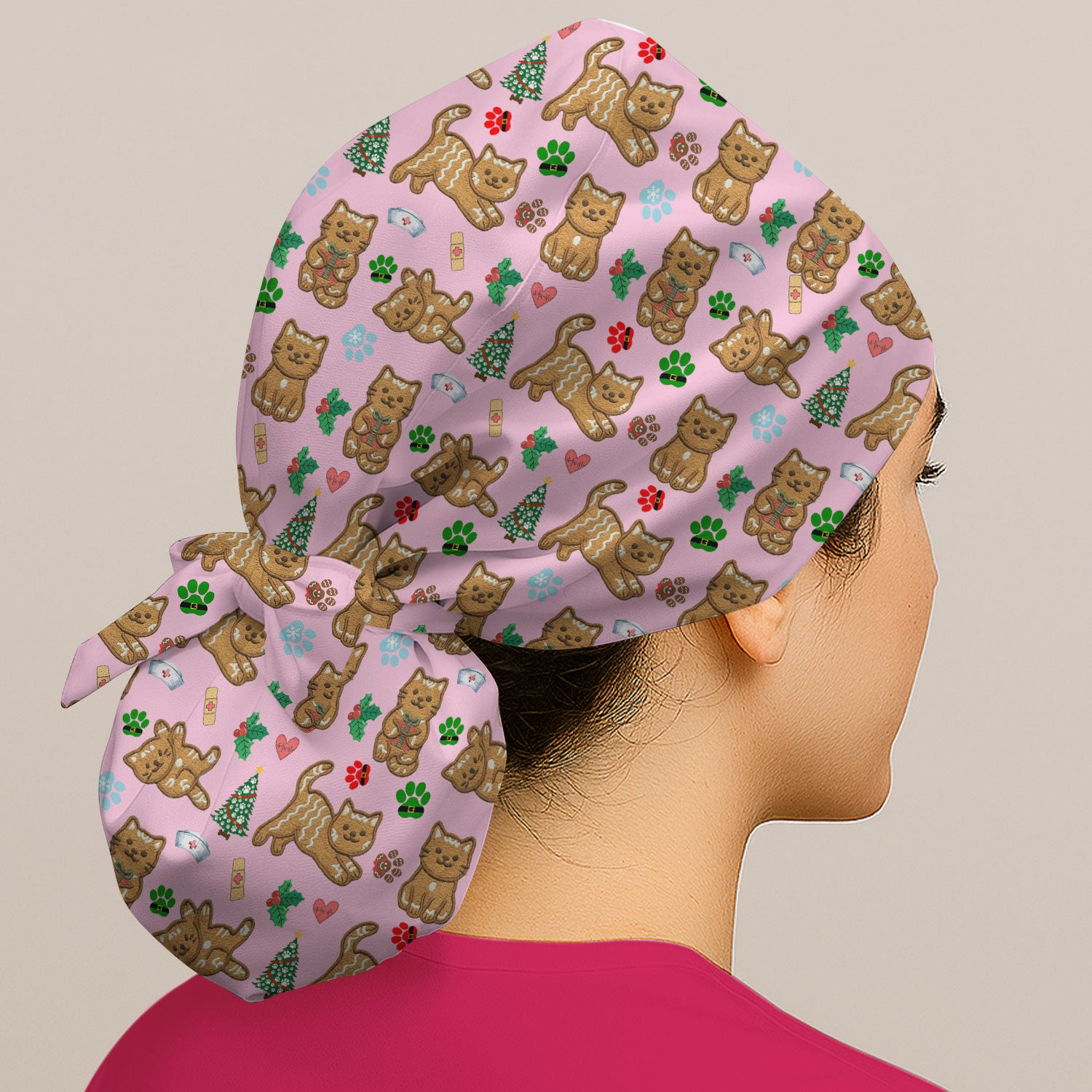 Gingerbread Cat Christmas Scrub Cap, Cute Holiday Kitty Medical Uniform Hat For Nursing, Festive Nurse Pattern