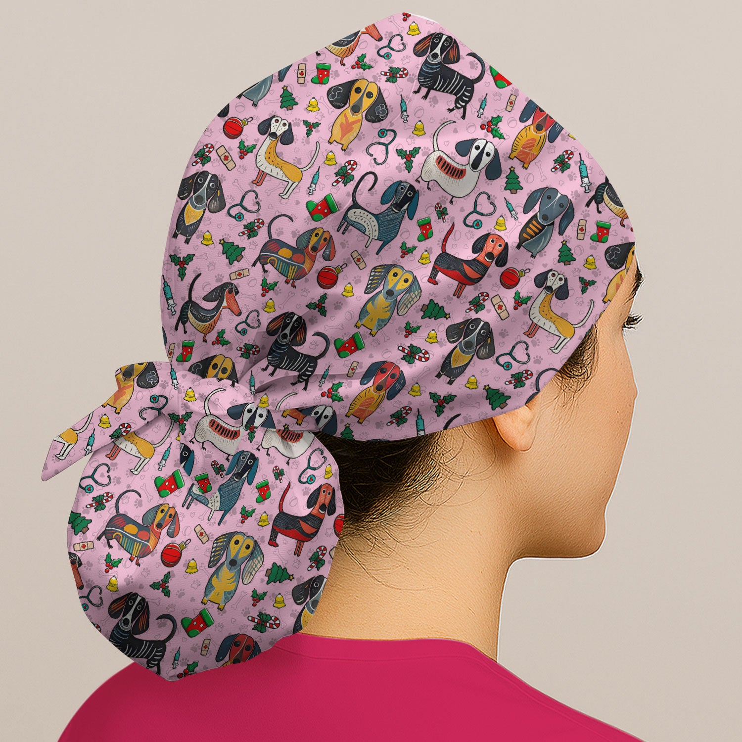 Christmas Wiener Dog Bouffant Scrub Caps for Women - Dachshund Holiday Nursing Gift - Breathable Fabrics Caps Uniform