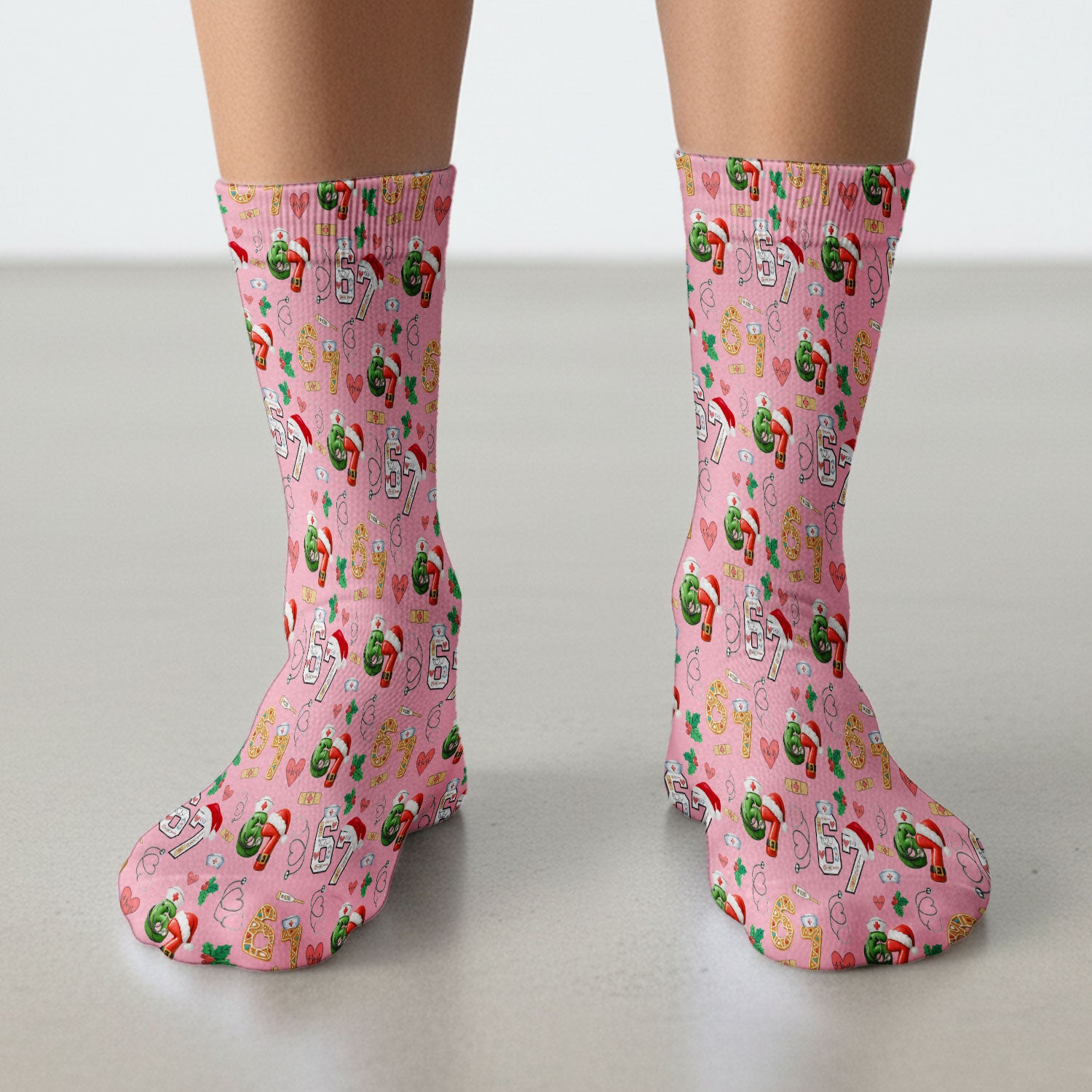 Christmas Nurse 67 Pattern Scrub Socks, Cute Holiday Medical Sock With Santa Hat, Uniform For Nursing