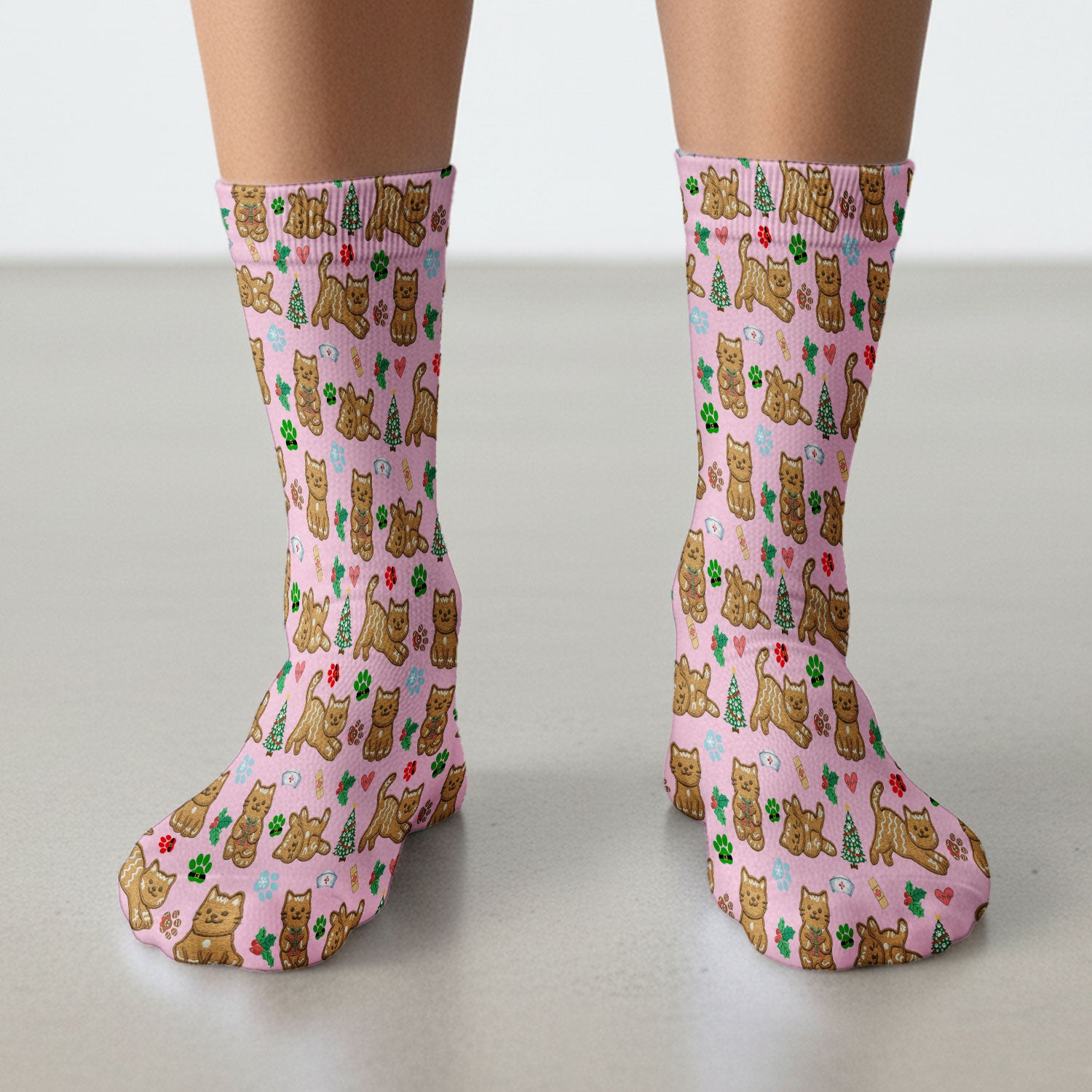Gingerbread Cat Christmas Scrub Socks, Cute Holiday Kitty Medical Uniform Sock For Nursing, Festive Nurse Pattern