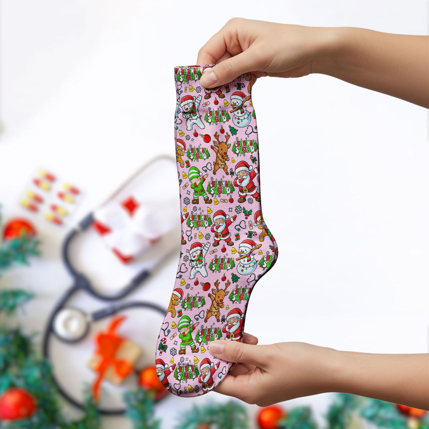 Christmas Squad Socks for Nurse Doctor - Dancing Santa, Reindeer & Elf Adult Socks for Men and Women - Gift for CNA LPN RN