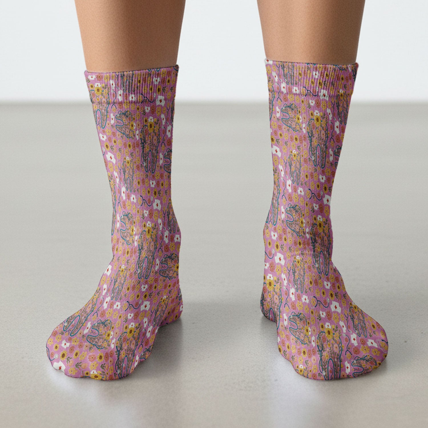 Boho Floral Tooth Socks for Nurse Doctor - Aesthetic Dental Adult Socks for Men and Women - Dentist Christmas Gift