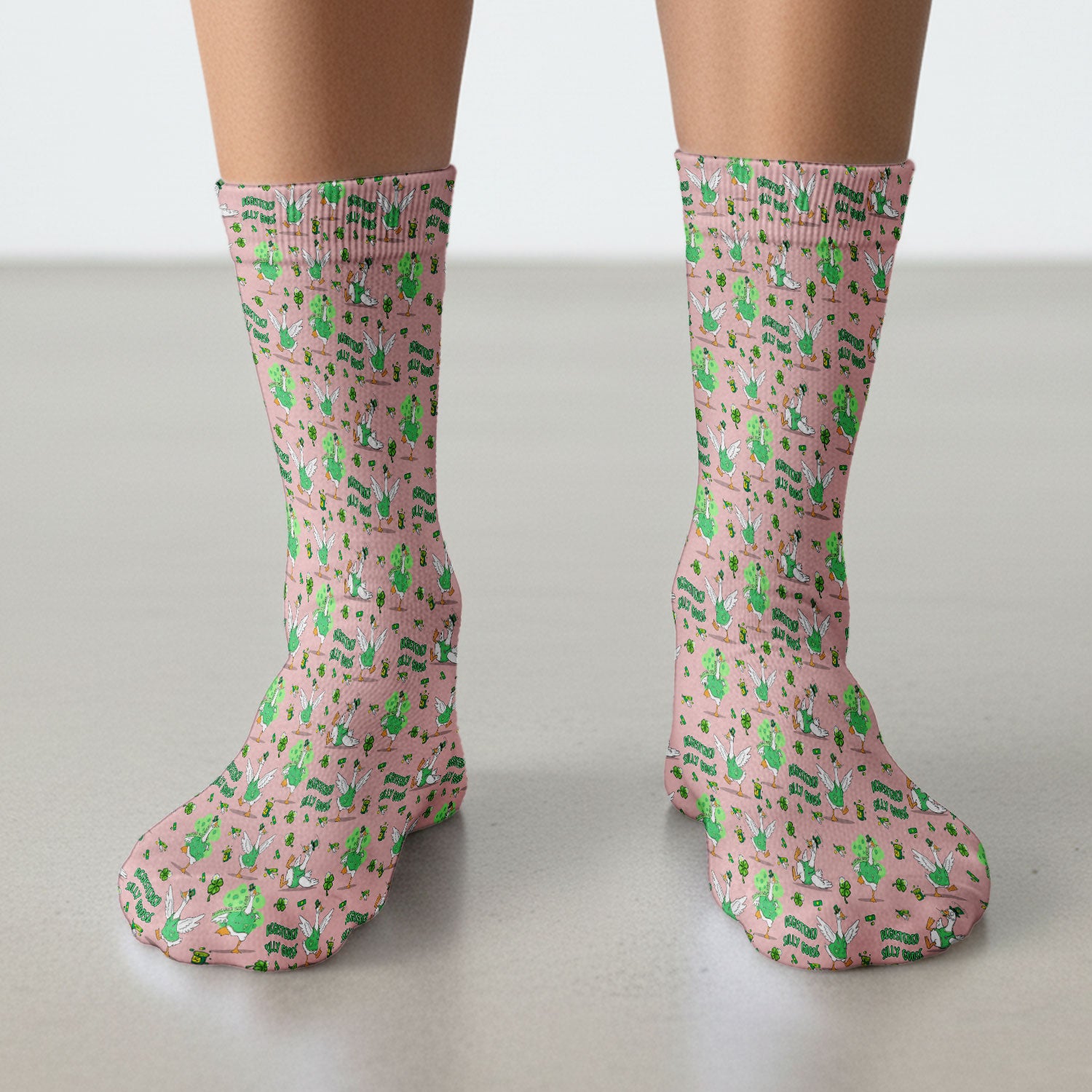 Silly Goose St. Patrick’s Day Scrub Socks, Funny Goose Shamrock Pattern Nurse Scrub Sock, Irish Green Nursing Uniform
