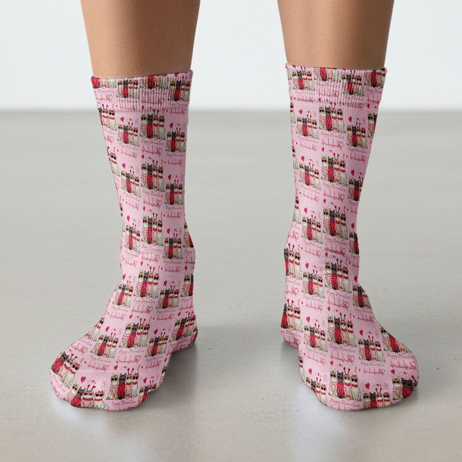 Happy Meowtines Cat Pattern Scrub Socks, Valentine Cat Lover Nurse Scrub Sock, Heartbeat Medical Pattern Nursing Uniform