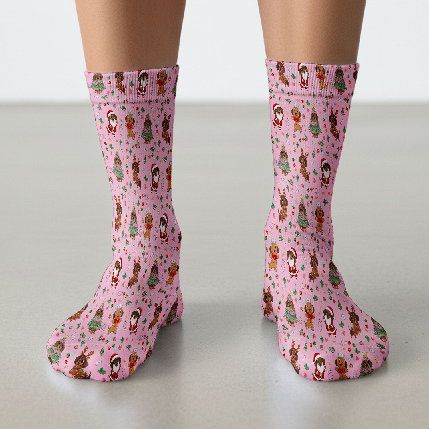 Wiener Dog Christmas Scrub Socks – Funny Dachshund Pattern Medical Sock – Festive Holiday Uniform for RN, LPN, CNA, and Vet Techs