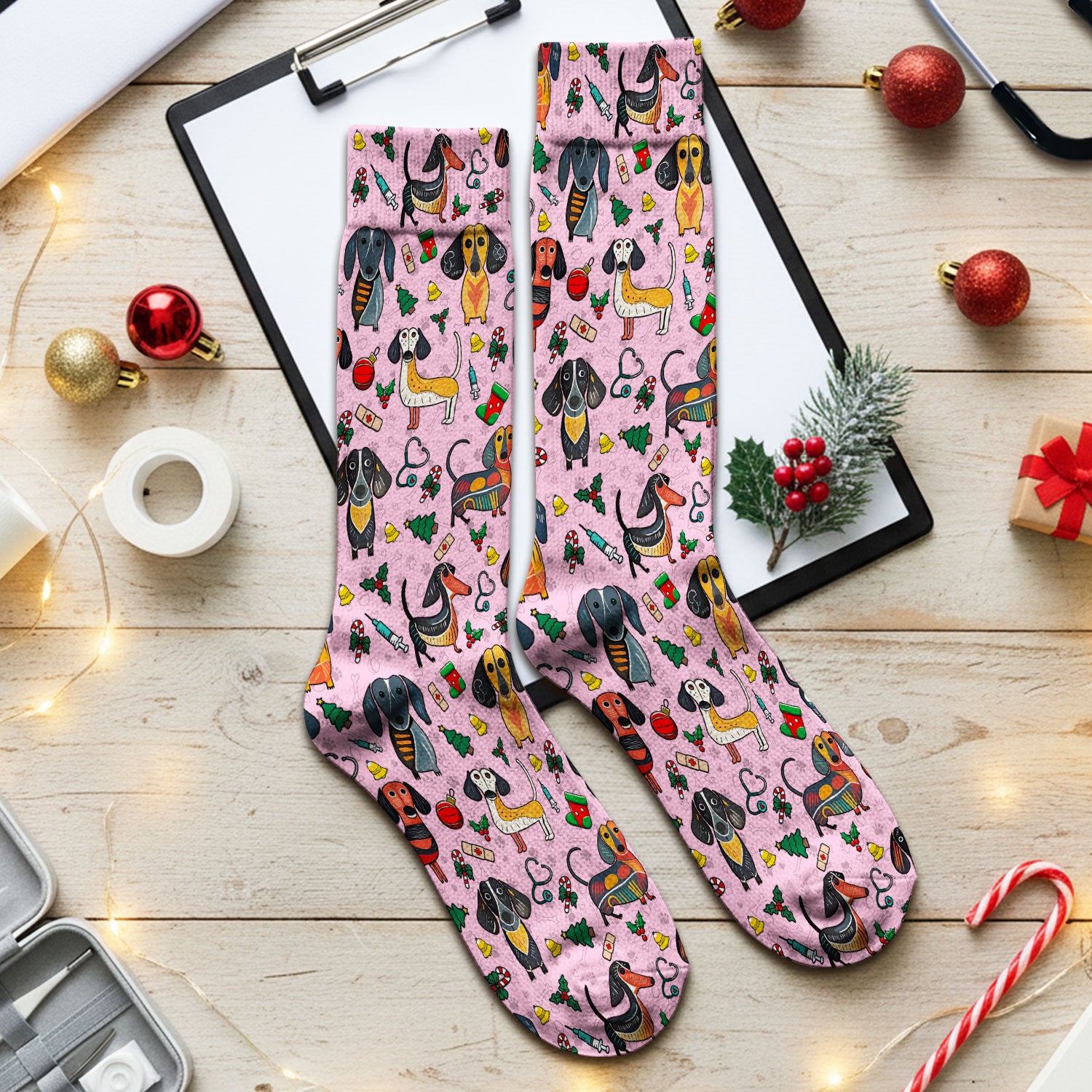 Christmas Wiener Dog Socks for Nurse Doctor - Dachshund Adult Socks for Men and Women - Breathable Fabrics Medical Uniform