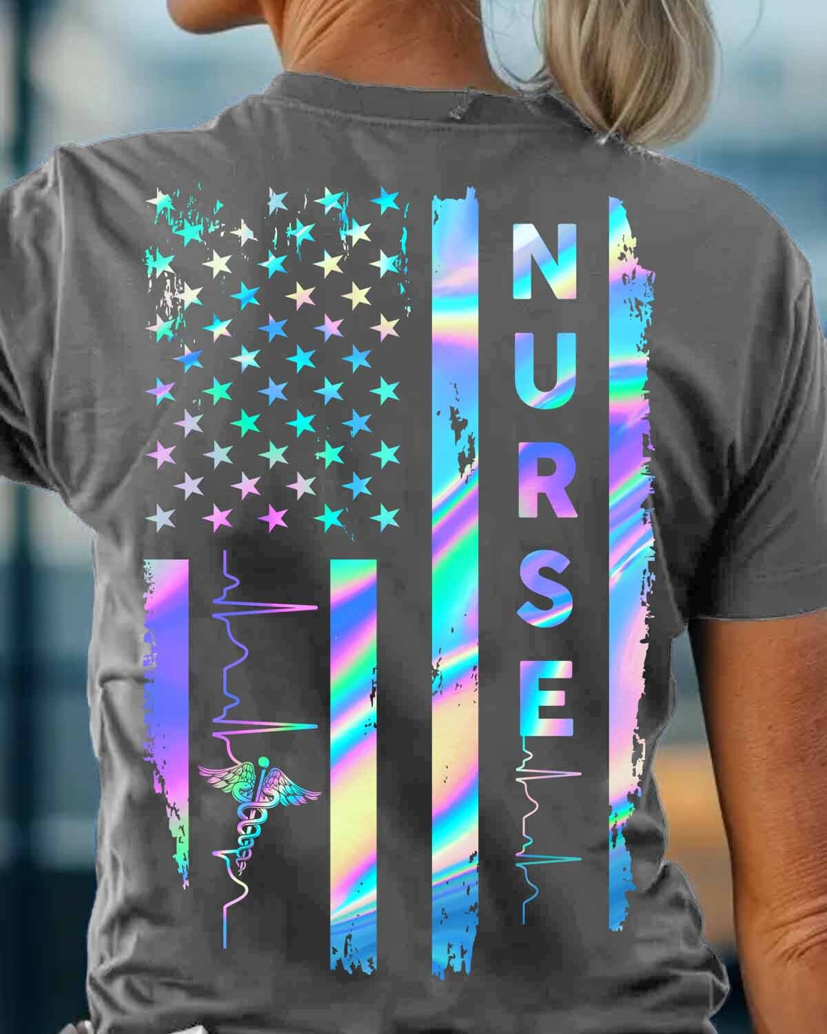 Nurse American Flag Shirt for Women – Holographic USA Stars Stripes with Heartbeat & Caduceus – Patriotic Gift for RN LPN CNA Healthcare Workers