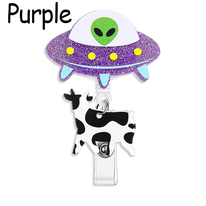 Funny UFO Cow Nurse Badge Reel, Cute Retractable ID Holder for Nurses LPN RN CNA ER, Alien Abduction Badge Clip