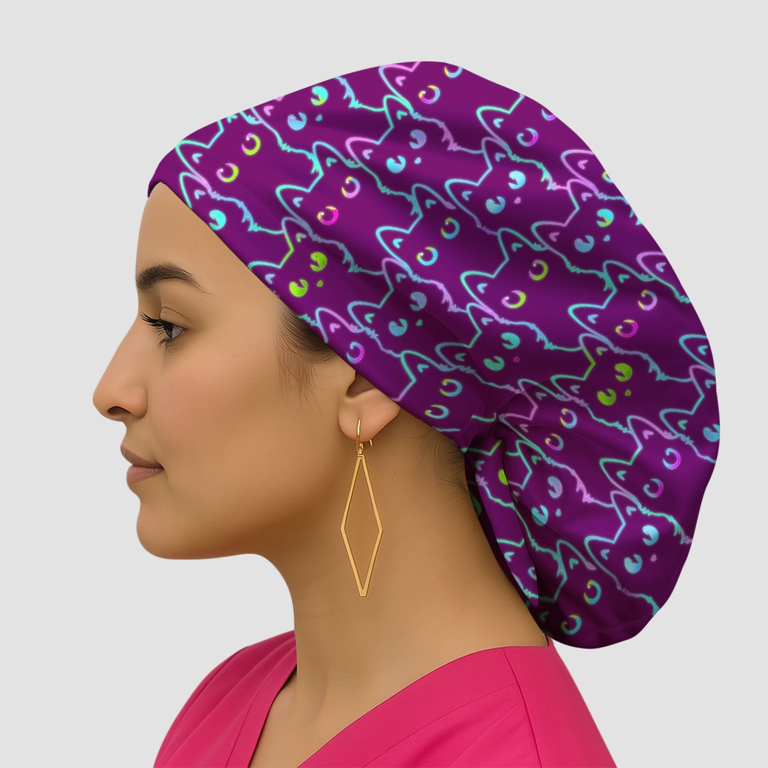 Neon Cat Pattern Scrub Cap, Black Cat Scrub Hat, Breathable Fabrics Nursing Uniform