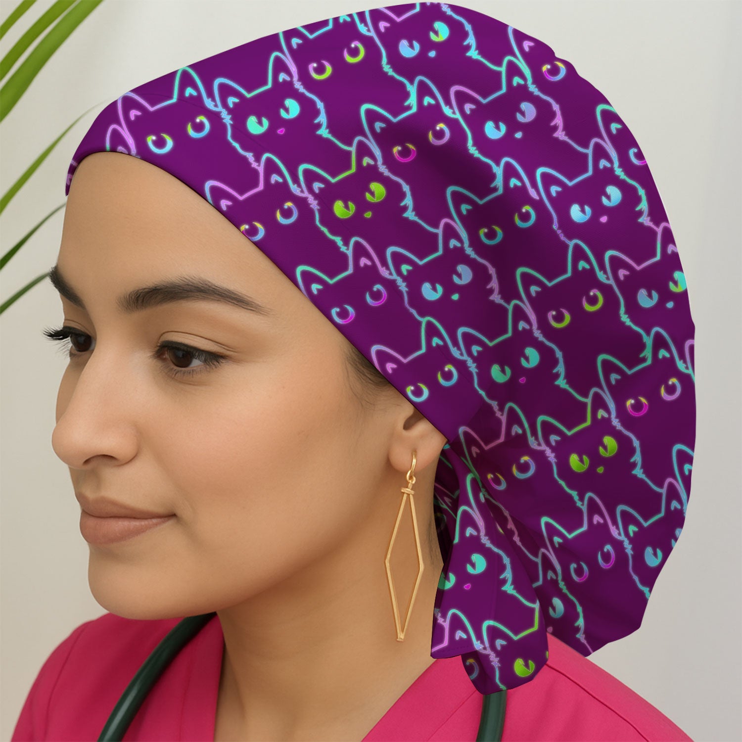 Neon Cat Pattern Scrub Cap, Black Cat Scrub Hat, Breathable Fabrics Nursing Uniform