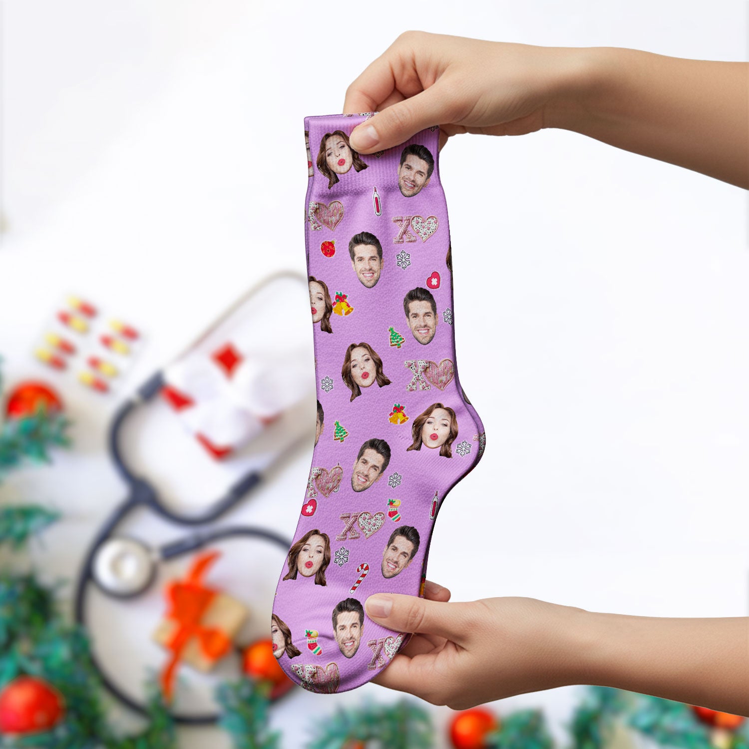 Custom Face Pattern XOXO Scrub Sock, Personalized Photo Scrub Socks, Breathable Fabrics Nursing Uniform