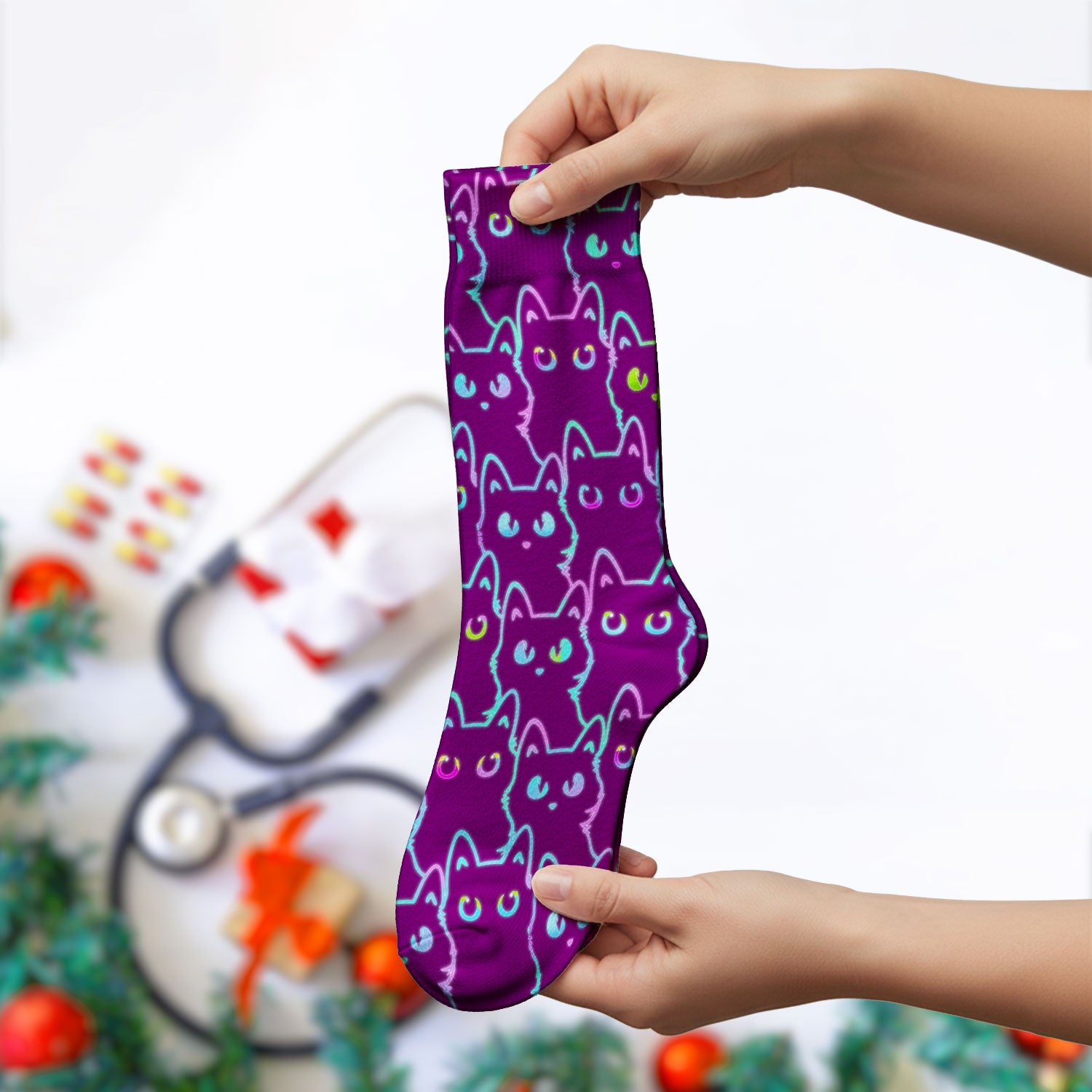 Neon Cat Pattern Scrub Socks, Black Cat Scrub Sock, Breathable Fabrics Nursing Uniform