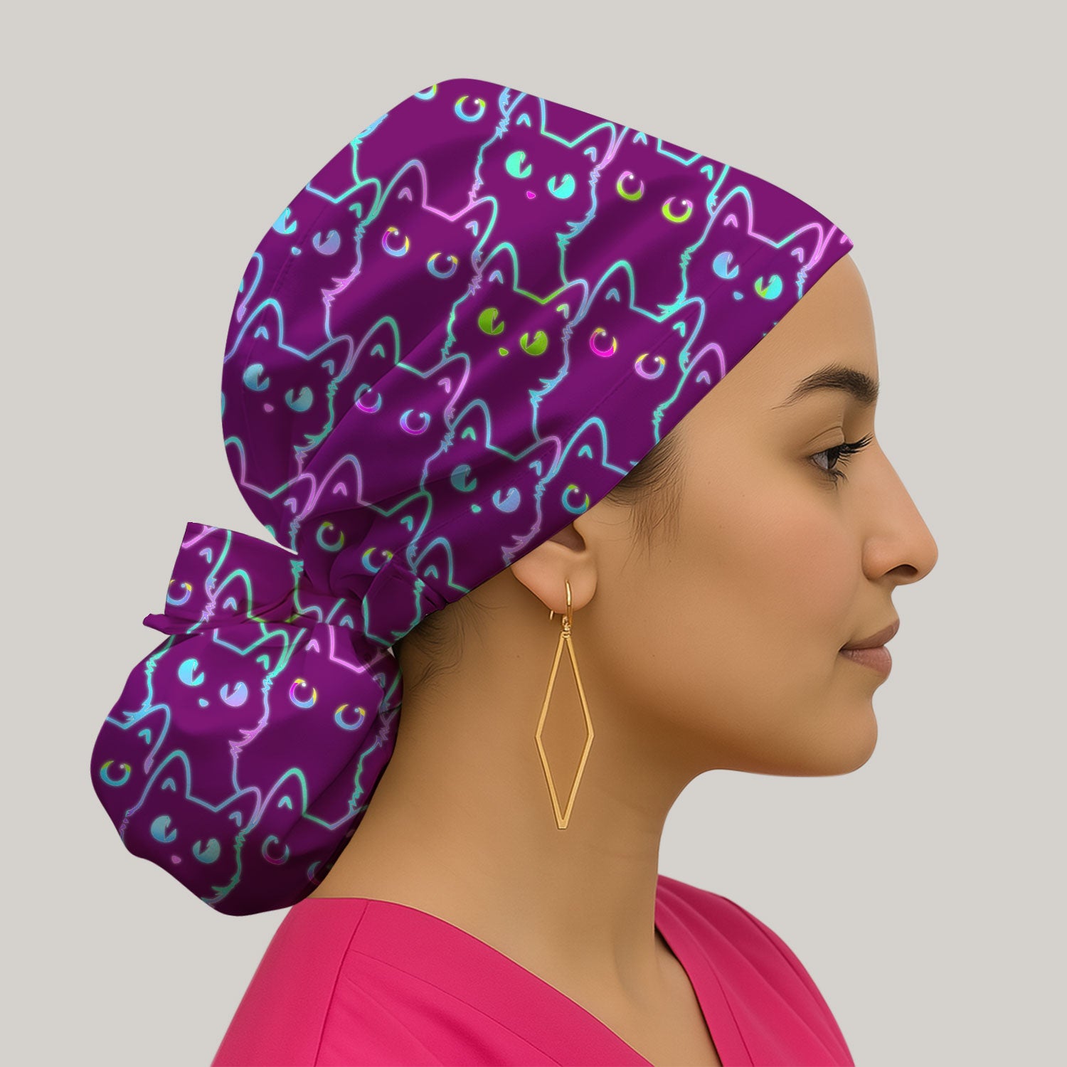 Neon Cat Pattern Scrub Cap, Black Cat Scrub Hat, Breathable Fabrics Nursing Uniform