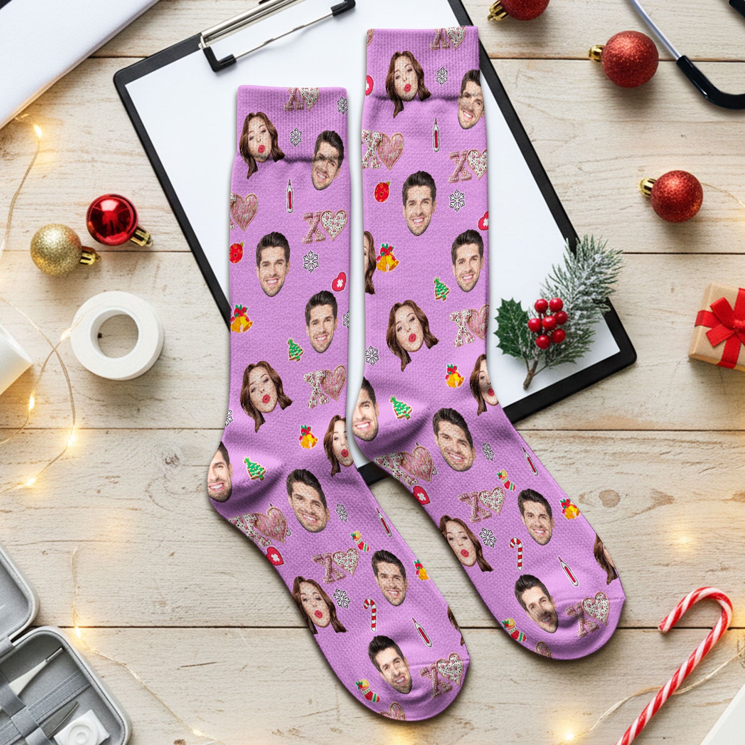 Custom Face Pattern XOXO Scrub Sock, Personalized Photo Scrub Socks, Breathable Fabrics Nursing Uniform