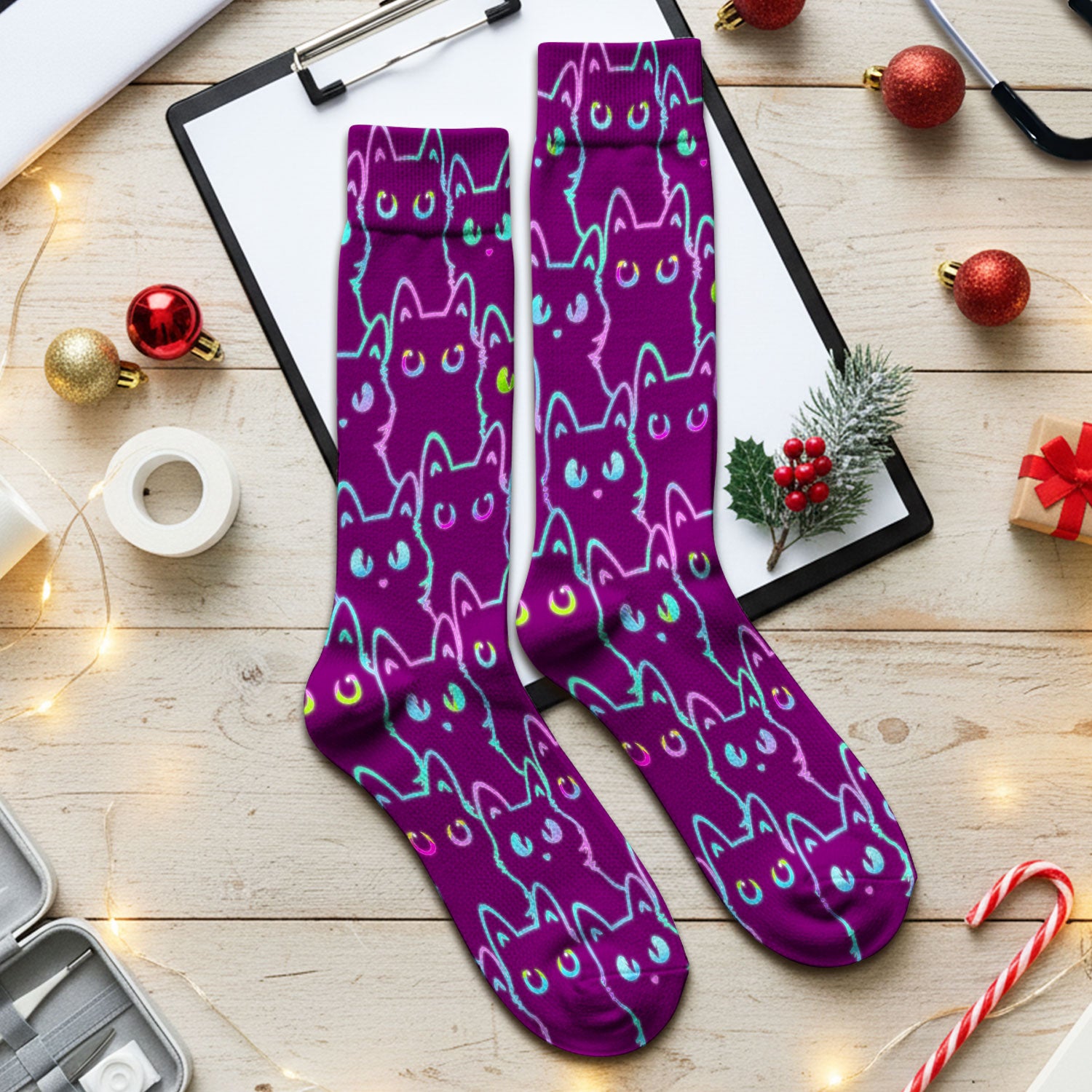 Neon Cat Pattern Scrub Socks, Black Cat Scrub Sock, Breathable Fabrics Nursing Uniform