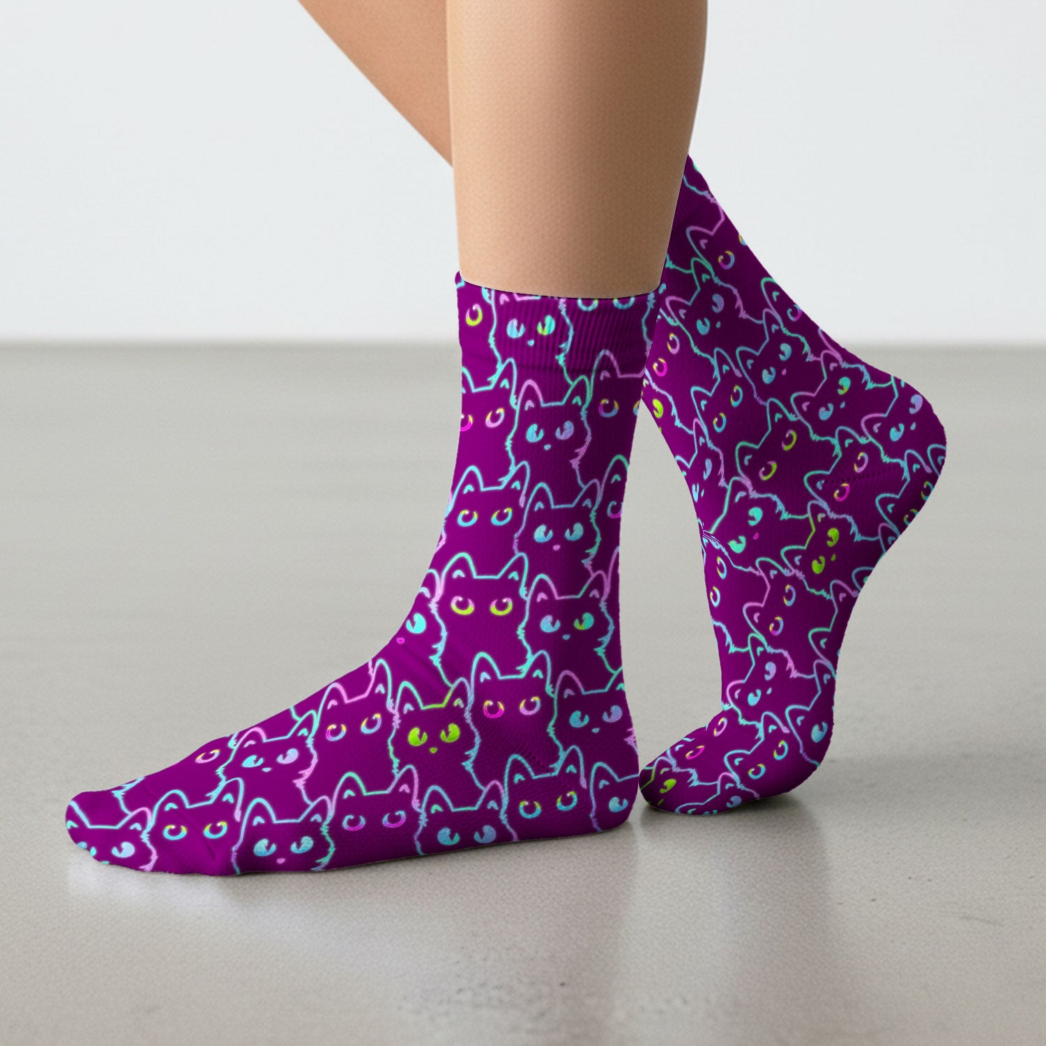 Neon Cat Pattern Scrub Socks, Black Cat Scrub Sock, Breathable Fabrics Nursing Uniform