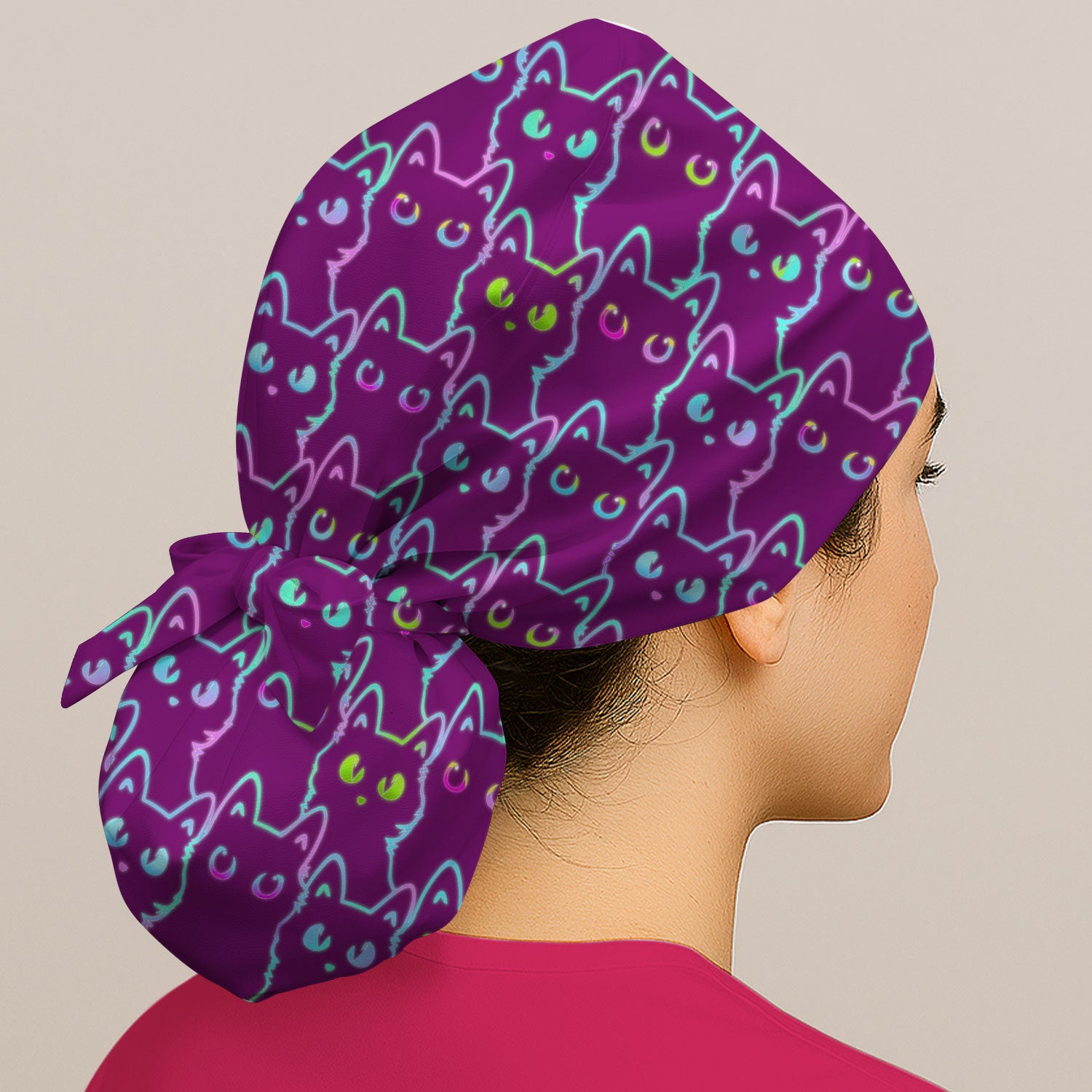 Neon Cat Pattern Scrub Cap, Black Cat Scrub Hat, Breathable Fabrics Nursing Uniform