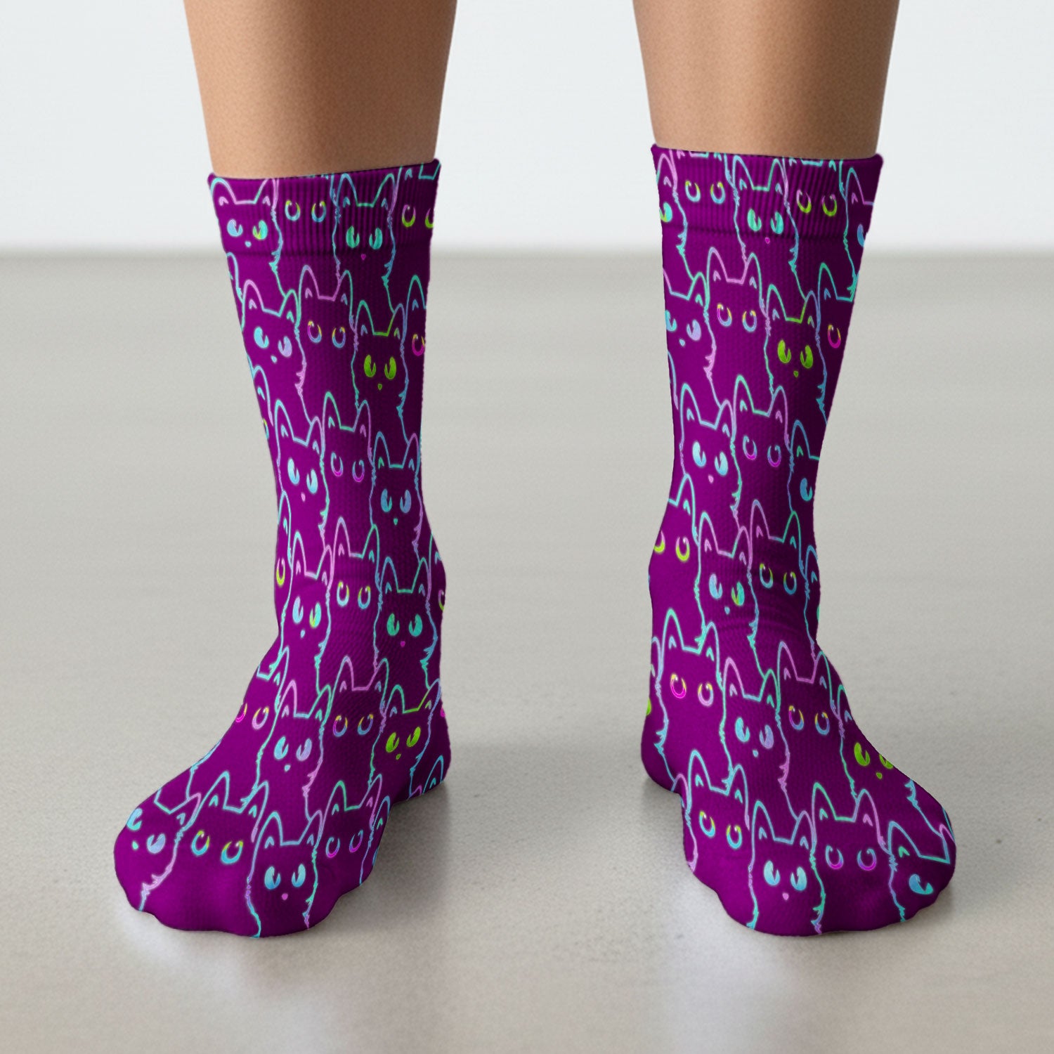 Neon Cat Pattern Scrub Socks, Black Cat Scrub Sock, Breathable Fabrics Nursing Uniform