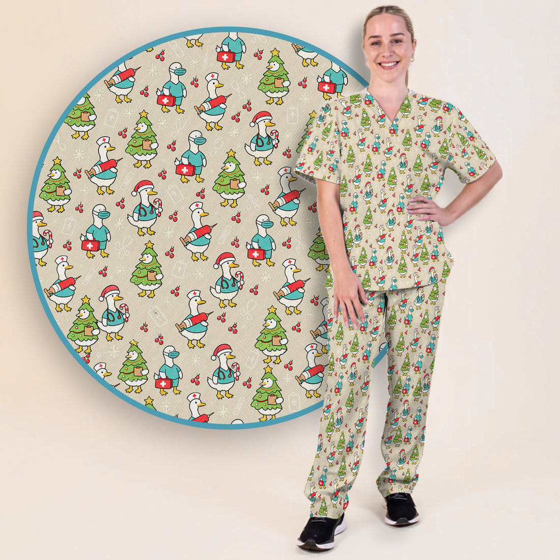 Cute Christmas Nurse Goose Scrub Set, Scrub Pants and V Neck Top