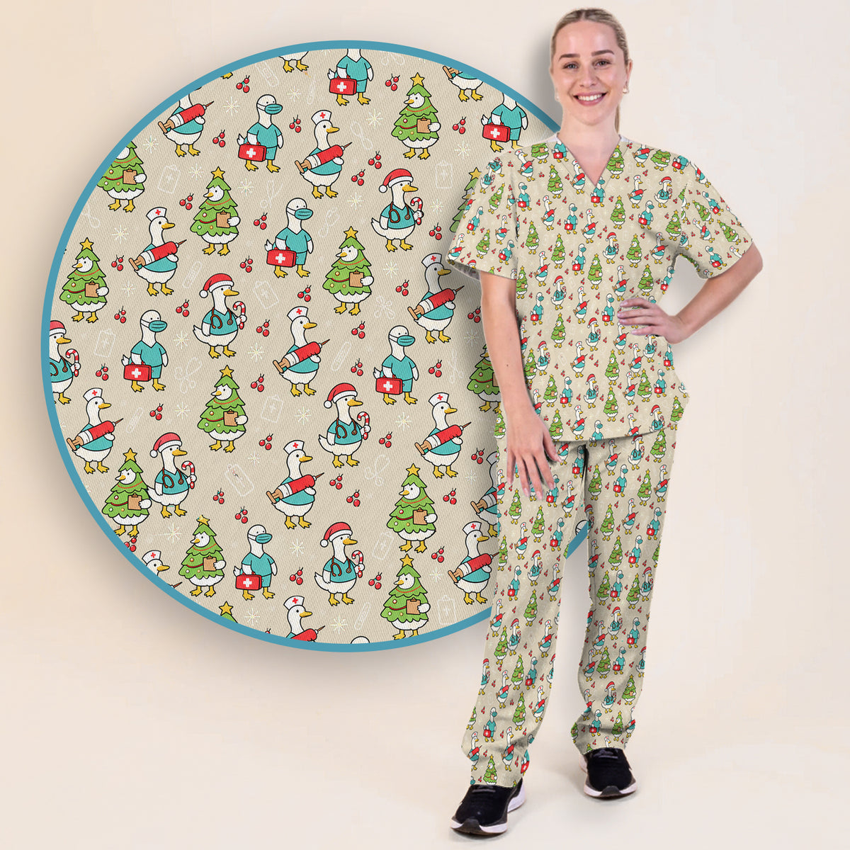 Cute Christmas Nurse Goose Scrub Set, Scrub Pants and V Neck Top