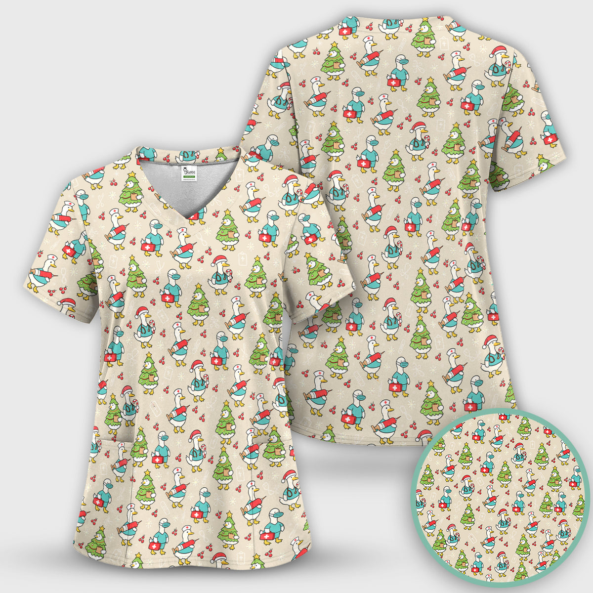 Cute Christmas Nurse Goose Scrub Set, Scrub Pants and V Neck Top