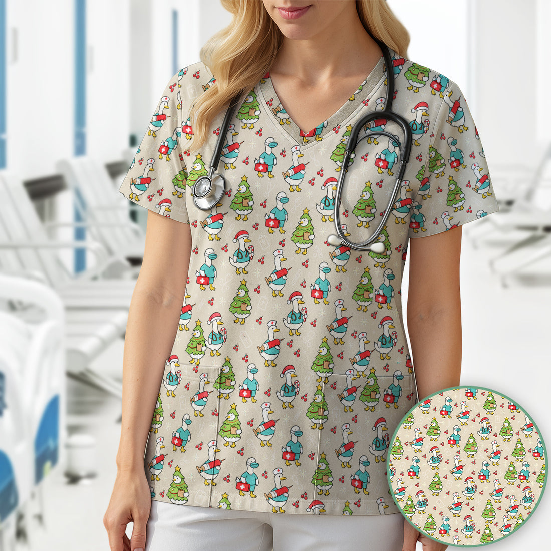 Cute Christmas Nurse Goose Scrub Top, Comfortable Scrubs for Nurses