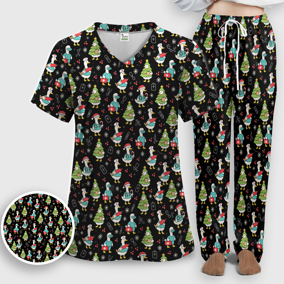 Cute Christmas Nurse Goose Scrub Set, Scrub Pants and V Neck Top