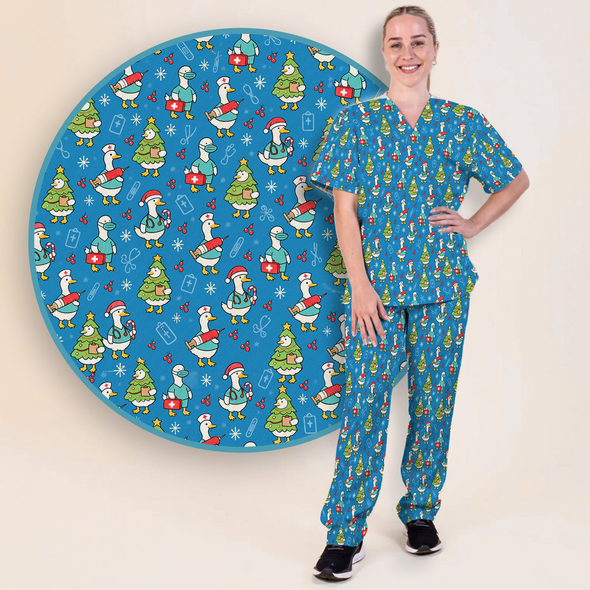 Cute Christmas Nurse Goose Scrub Set, Scrub Pants and V Neck Top
