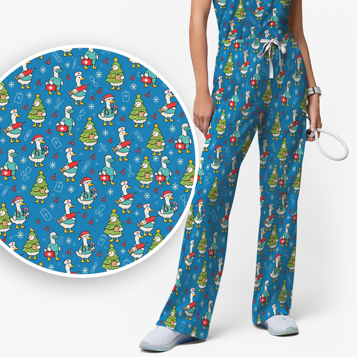 Cute Christmas Nurse Goose Scrub Set, Scrub Pants and V Neck Top