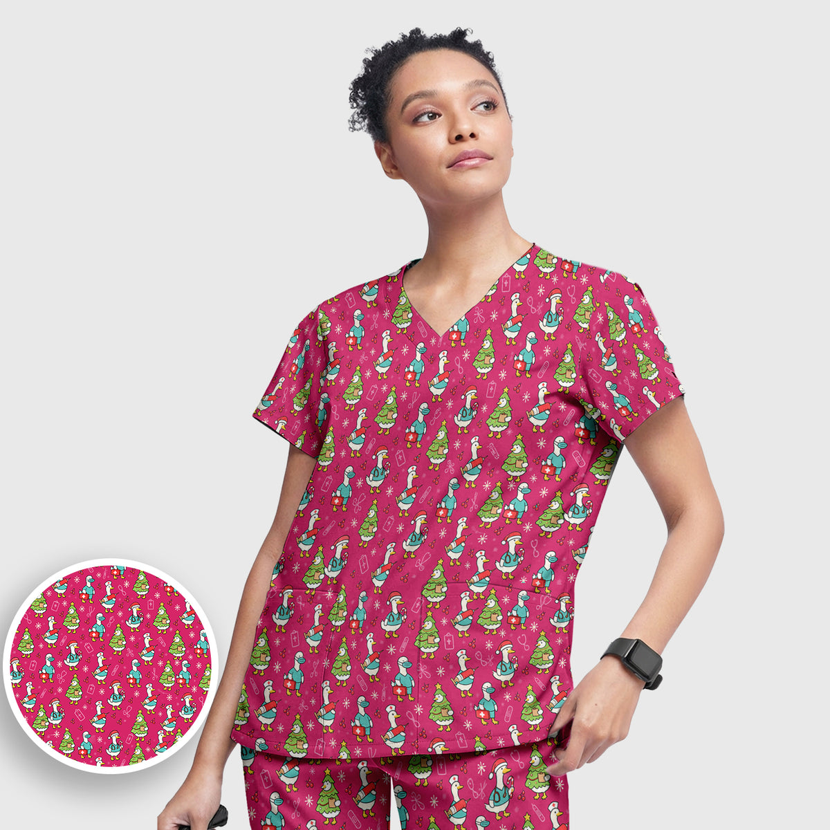 Cute Christmas Nurse Goose Scrub Set, Scrub Pants and V Neck Top