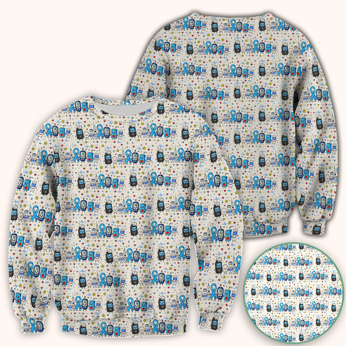 Diabetes Awareness Blue Ribbon & Medical Doodle Scrub Top, Comfortable Scrubs for Nurses