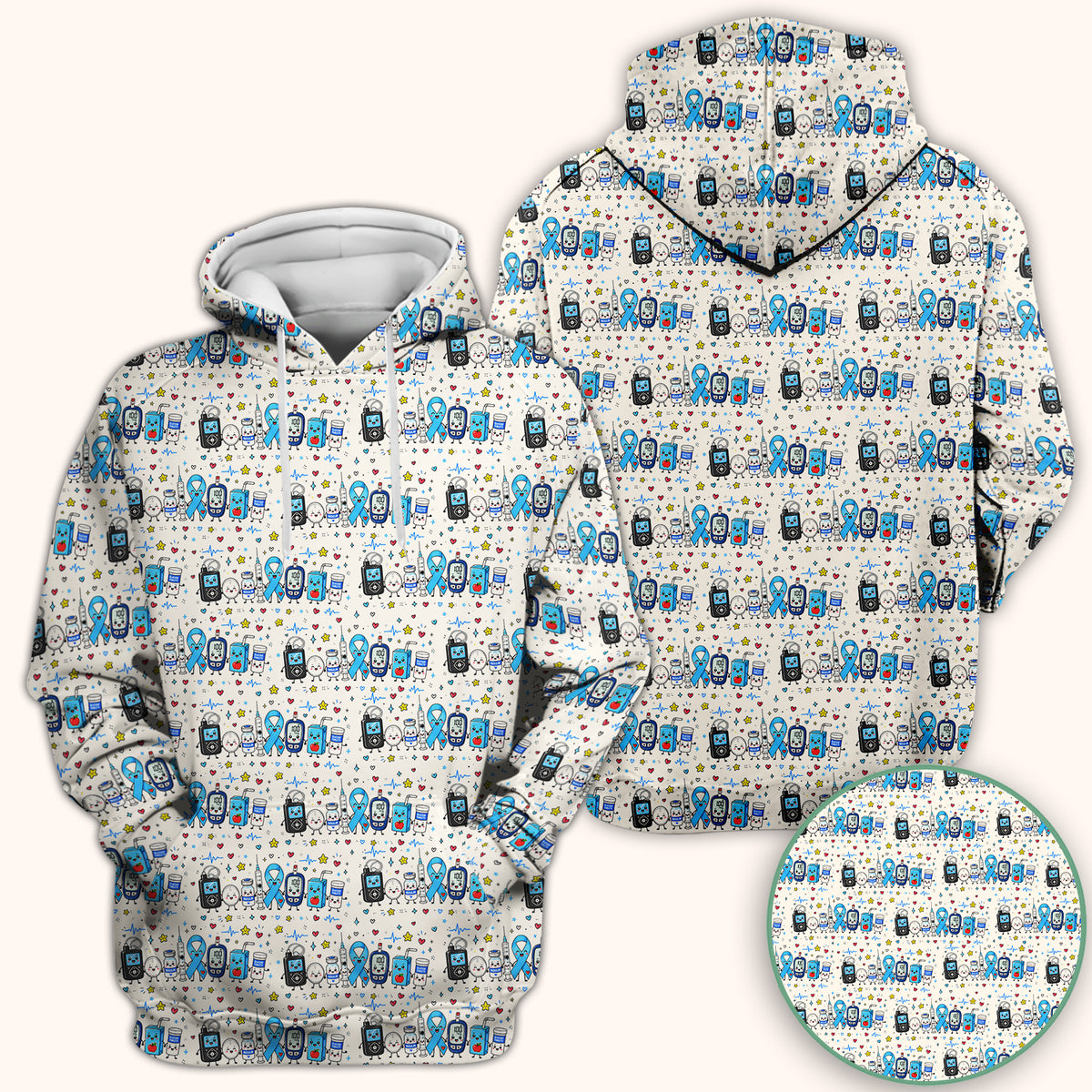 Diabetes Awareness Blue Ribbon & Medical Doodle Scrub Top, Comfortable Scrubs for Nurses