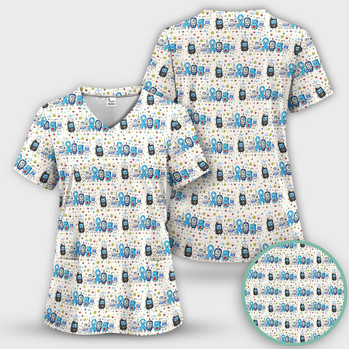Diabetes Awareness Blue Ribbon & Medical Doodle Scrub Top, Comfortable Scrubs for Nurses