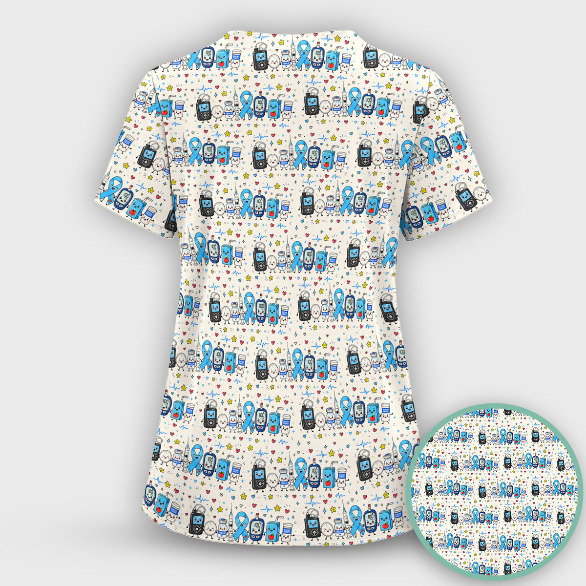 Diabetes Awareness Blue Ribbon & Medical Doodle Scrub Top, Comfortable Scrubs for Nurses