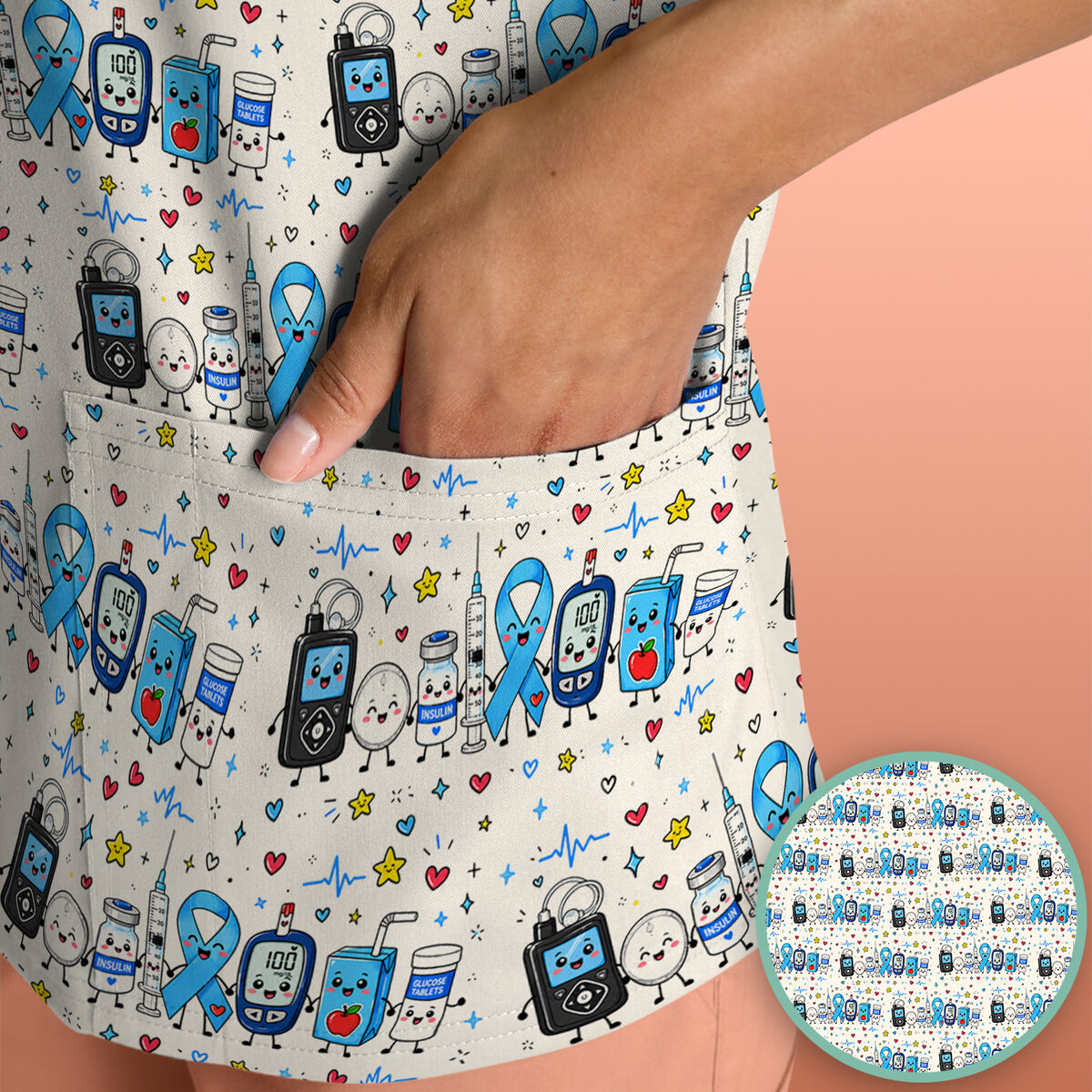 Diabetes Awareness Blue Ribbon & Medical Doodle Scrub Top, Comfortable Scrubs for Nurses