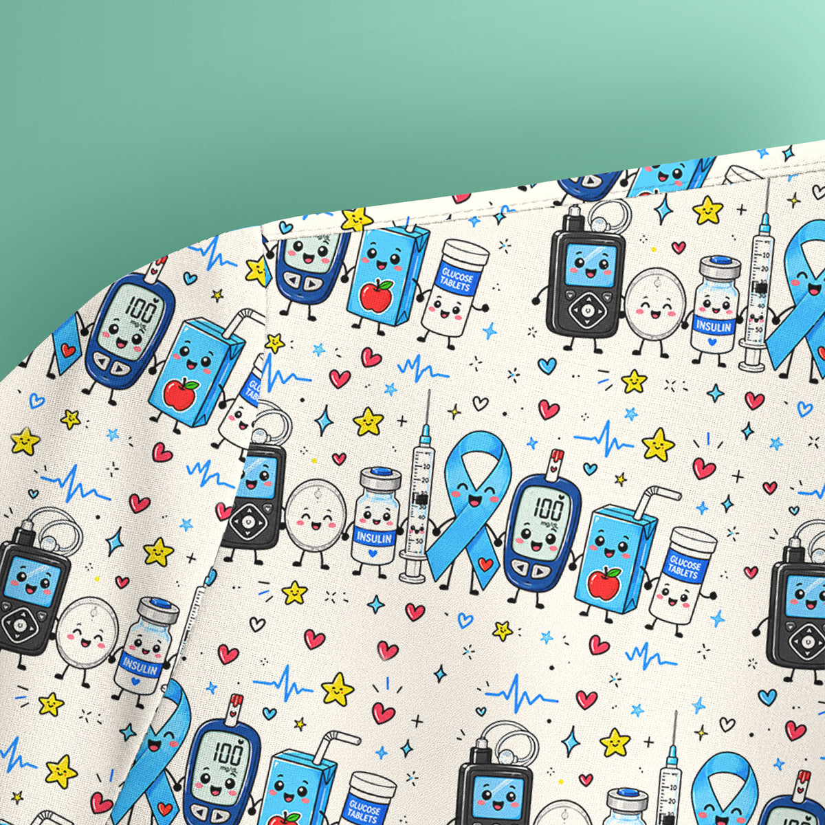 Diabetes Awareness Blue Ribbon & Medical Doodle Scrub Top, Comfortable Scrubs for Nurses