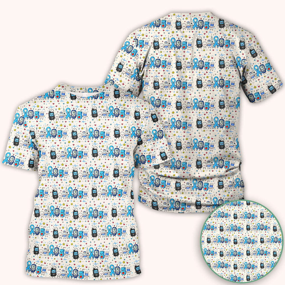 Diabetes Awareness Blue Ribbon & Medical Doodle Scrub Top, Comfortable Scrubs for Nurses