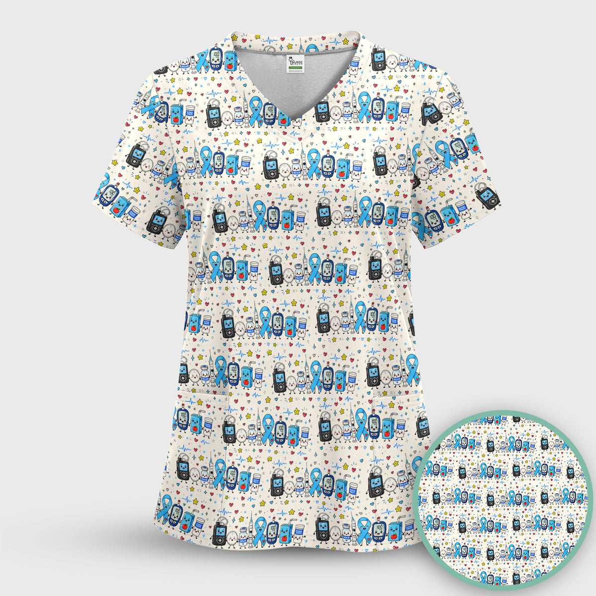 Diabetes Awareness Blue Ribbon & Medical Doodle Scrub Top, Comfortable Scrubs for Nurses