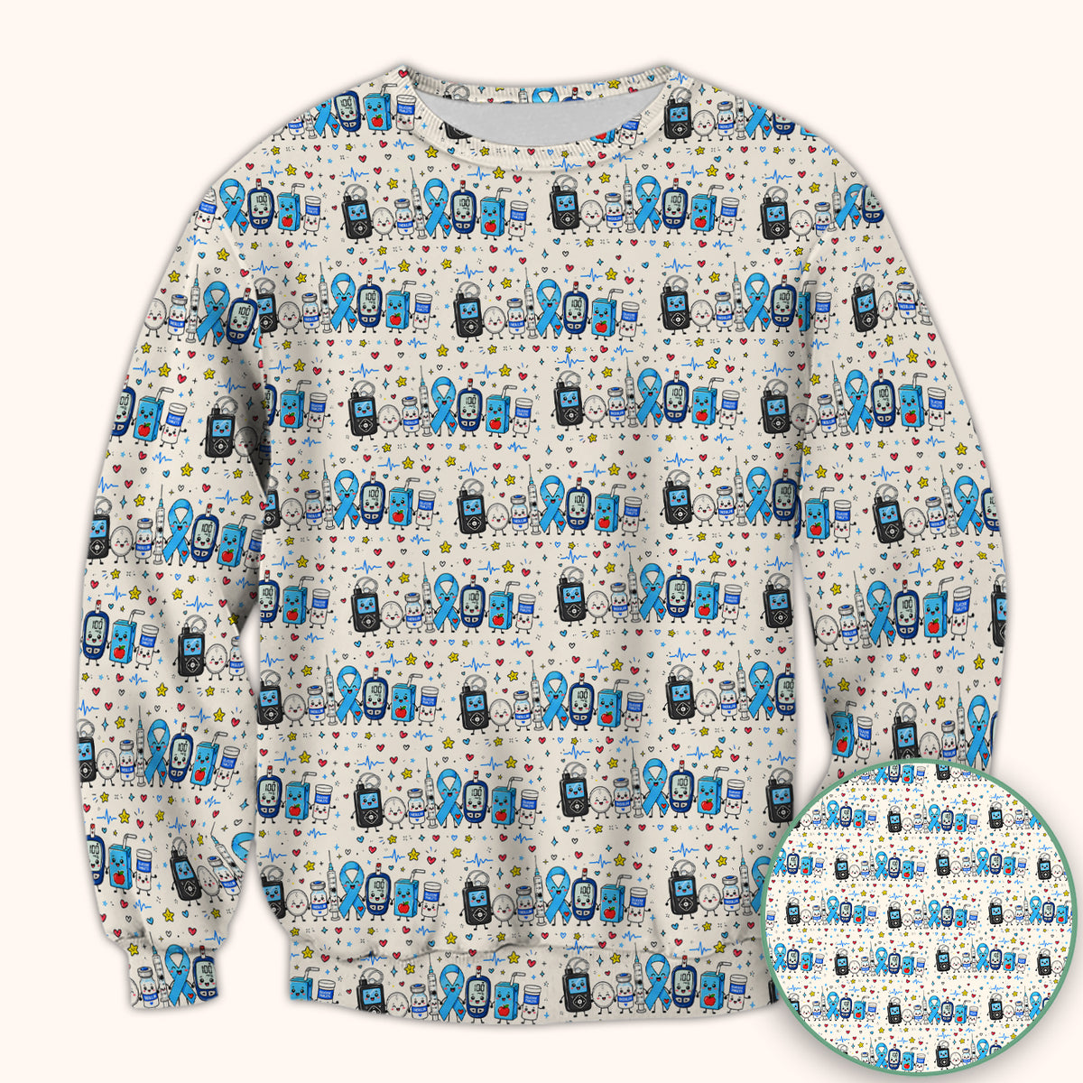 Diabetes Awareness Blue Ribbon & Medical Doodle Scrub Top, Comfortable Scrubs for Nurses