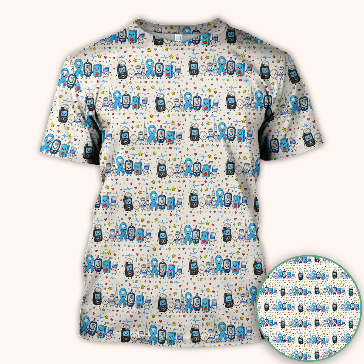 Diabetes Awareness Blue Ribbon & Medical Doodle Scrub Top, Comfortable Scrubs for Nurses