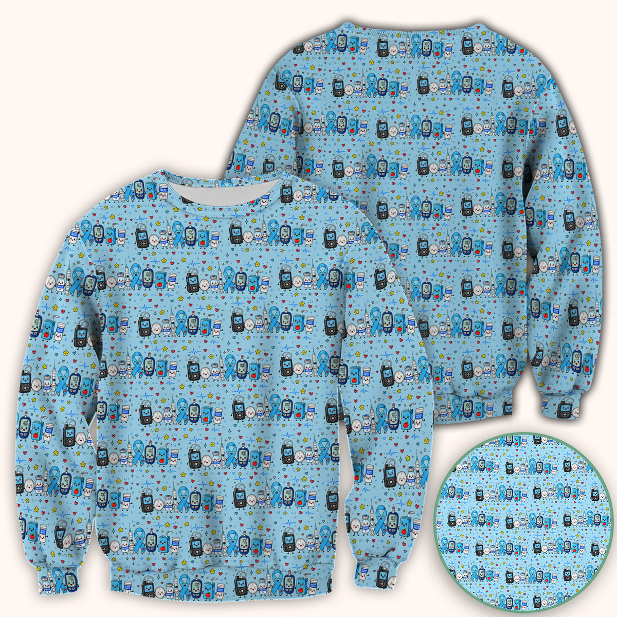 Diabetes Awareness Blue Ribbon & Medical Doodle Scrub Top, Comfortable Scrubs for Nurses