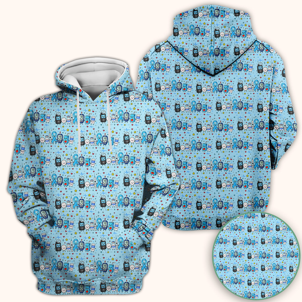 Diabetes Awareness Blue Ribbon & Medical Doodle Scrub Top, Comfortable Scrubs for Nurses