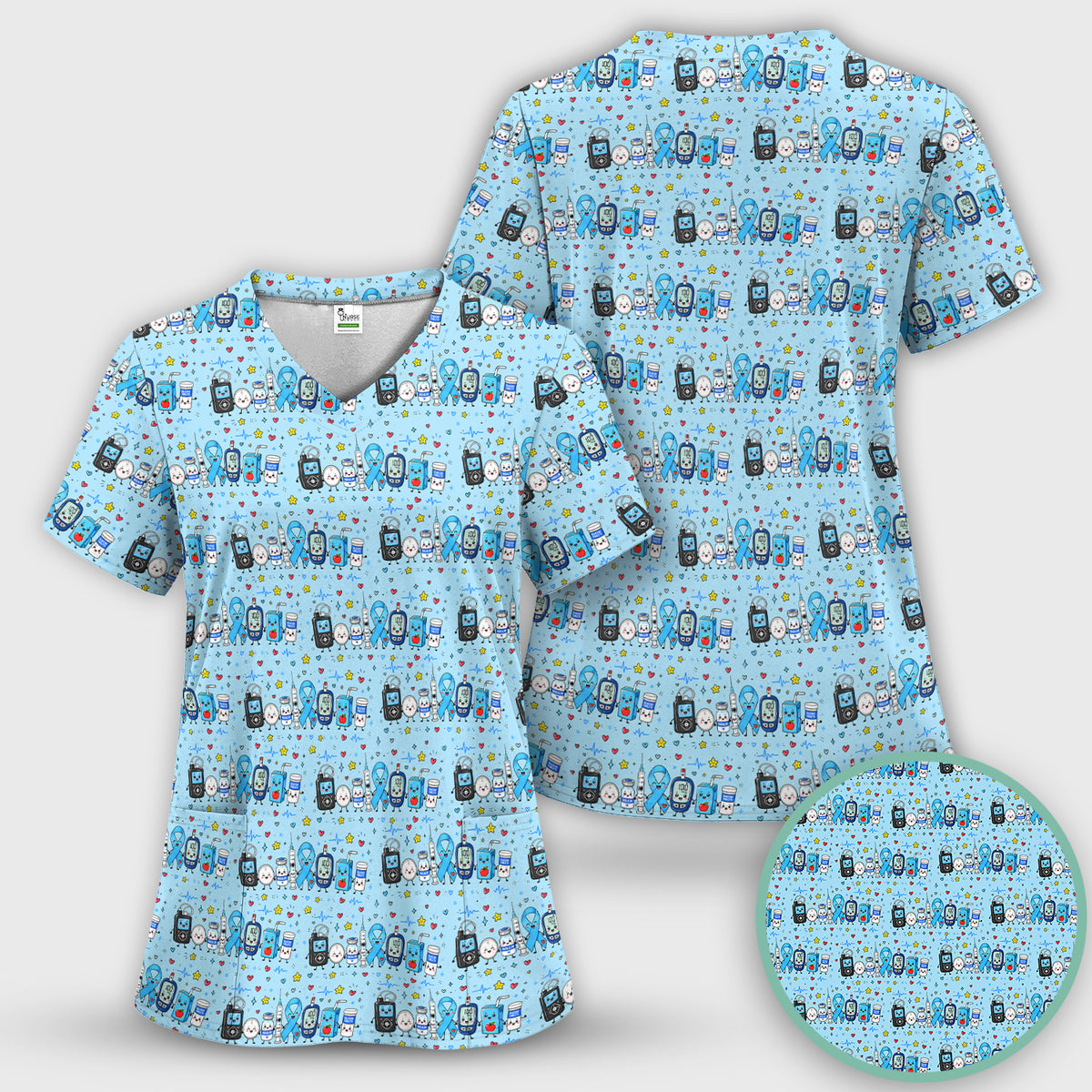Diabetes Awareness Blue Ribbon & Medical Doodle Scrub Top, Comfortable Scrubs for Nurses