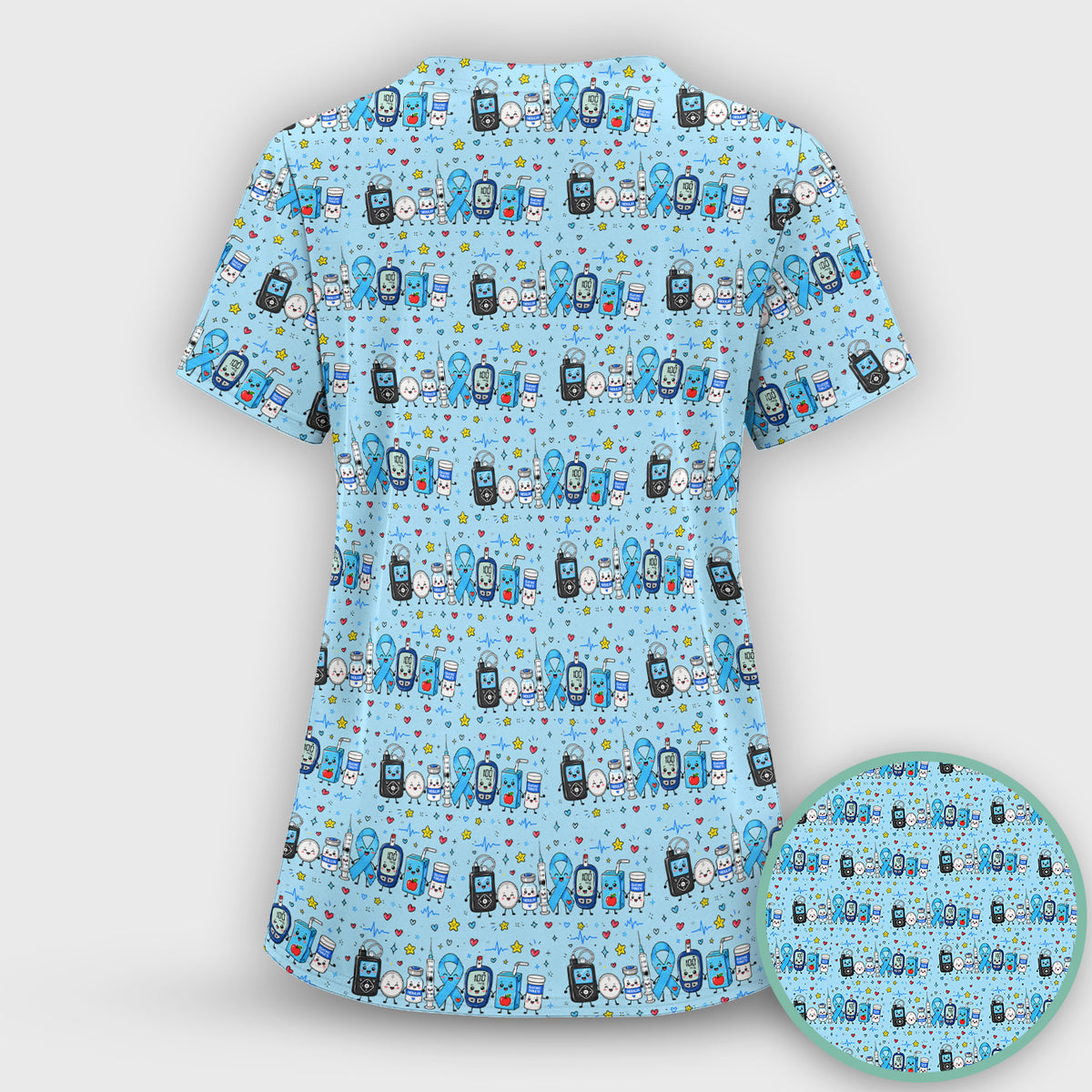 Diabetes Awareness Blue Ribbon & Medical Doodle Scrub Top, Comfortable Scrubs for Nurses