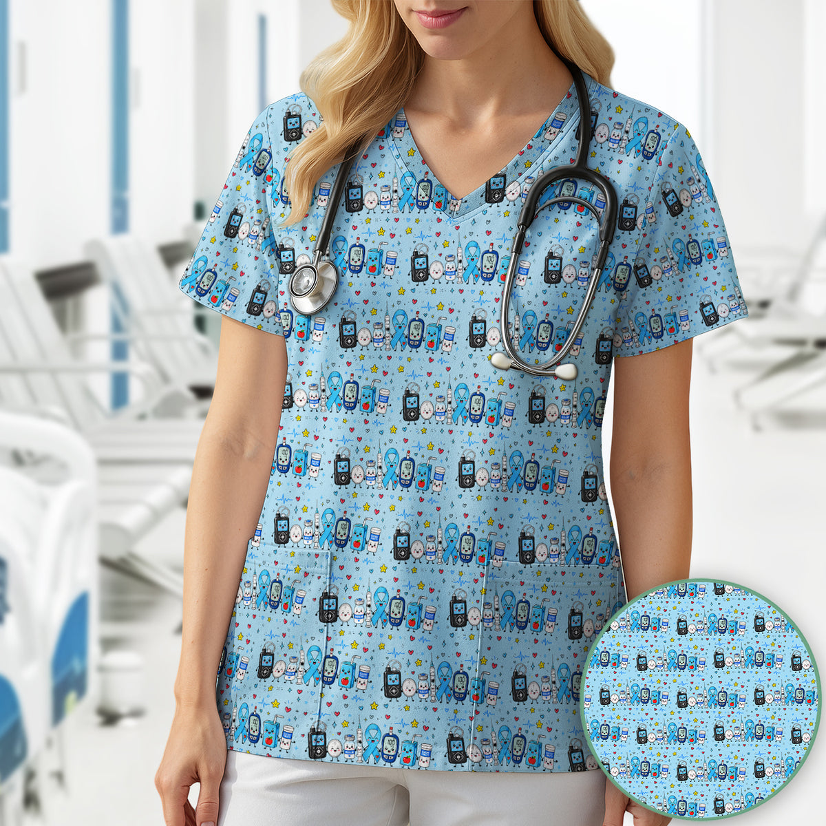 Diabetes Awareness Blue Ribbon & Medical Doodle Scrub Top, Comfortable Scrubs for Nurses