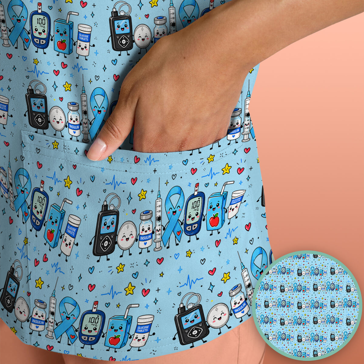 Diabetes Awareness Blue Ribbon & Medical Doodle Scrub Top, Comfortable Scrubs for Nurses