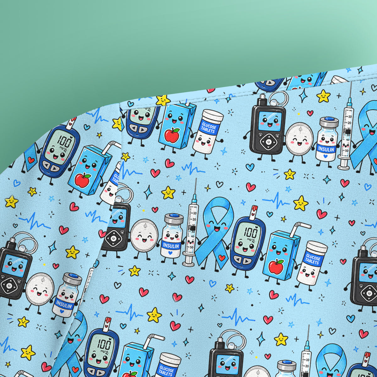 Diabetes Awareness Blue Ribbon & Medical Doodle Scrub Top, Comfortable Scrubs for Nurses