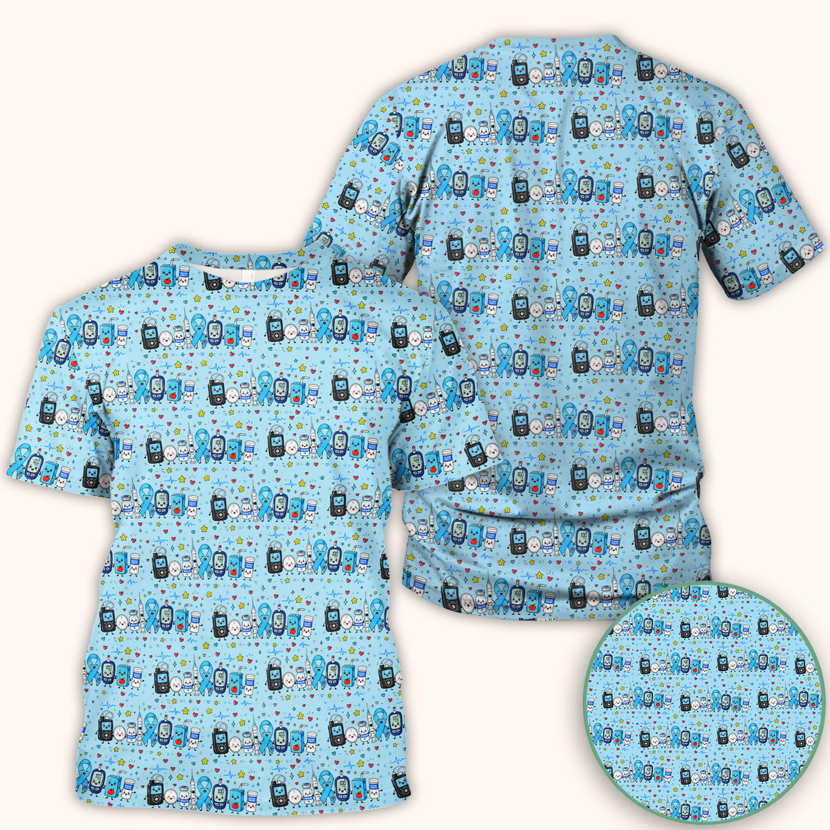 Diabetes Awareness Blue Ribbon & Medical Doodle Scrub Top, Comfortable Scrubs for Nurses