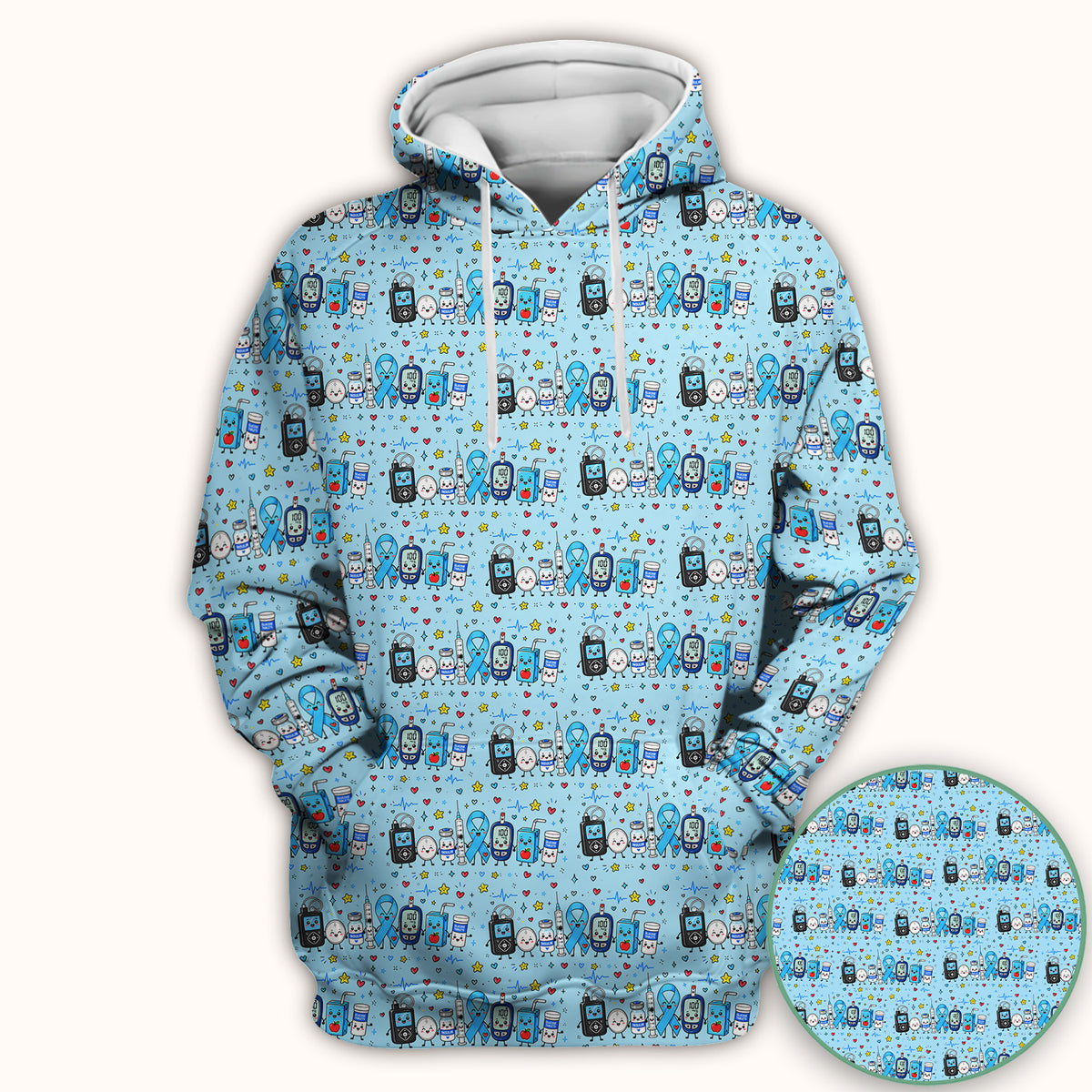 Diabetes Awareness Blue Ribbon & Medical Doodle Scrub Top, Comfortable Scrubs for Nurses